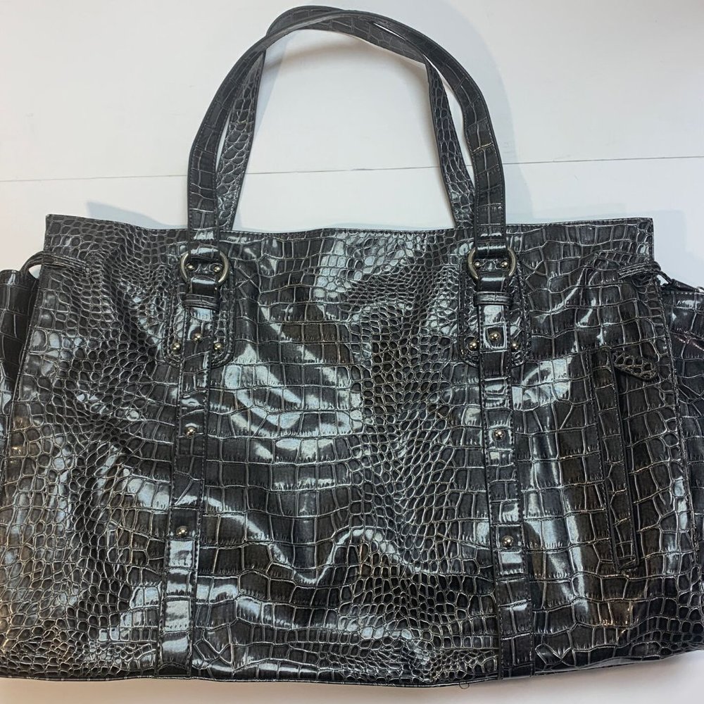 Black Rivet Faux Leather Croc Tote Bag Large Jumbo Shopper Gunmetal Gray Purse